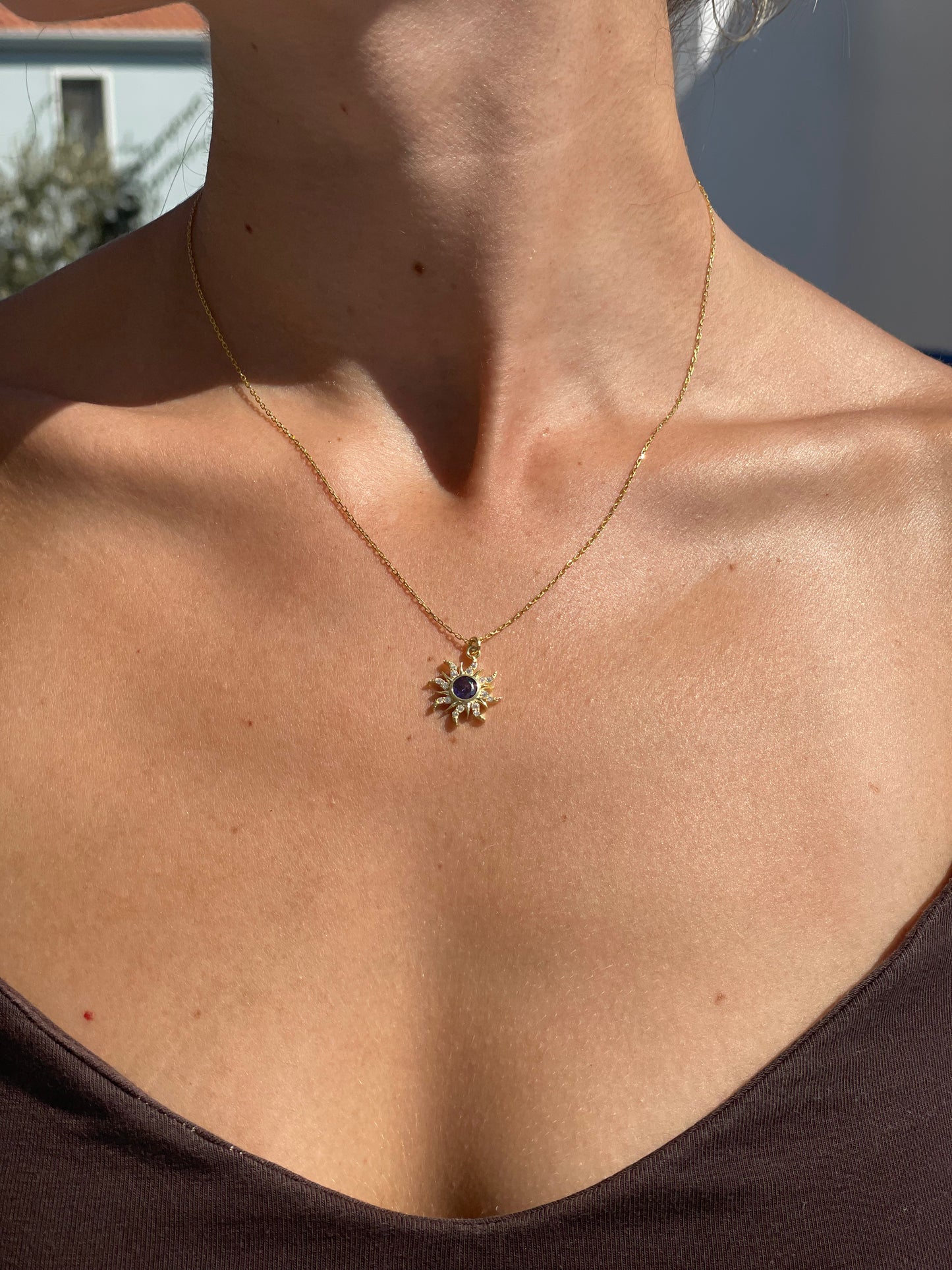 Ametist Güneş Kolye 14K Altın Kaplama 925 Gümüş Kolye