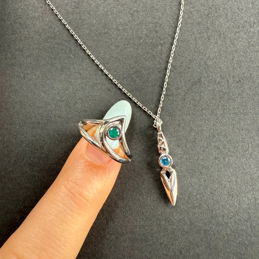 925 Gümüş | Sage Valorant Ayarlanabilir Yüzük ve Jett Bıçak Kolye Seti