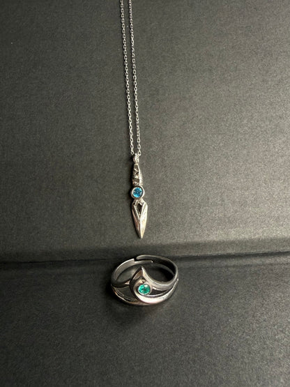 925 Gümüş | Sage Valorant Ayarlanabilir Yüzük ve Jett Bıçak Kolye Seti