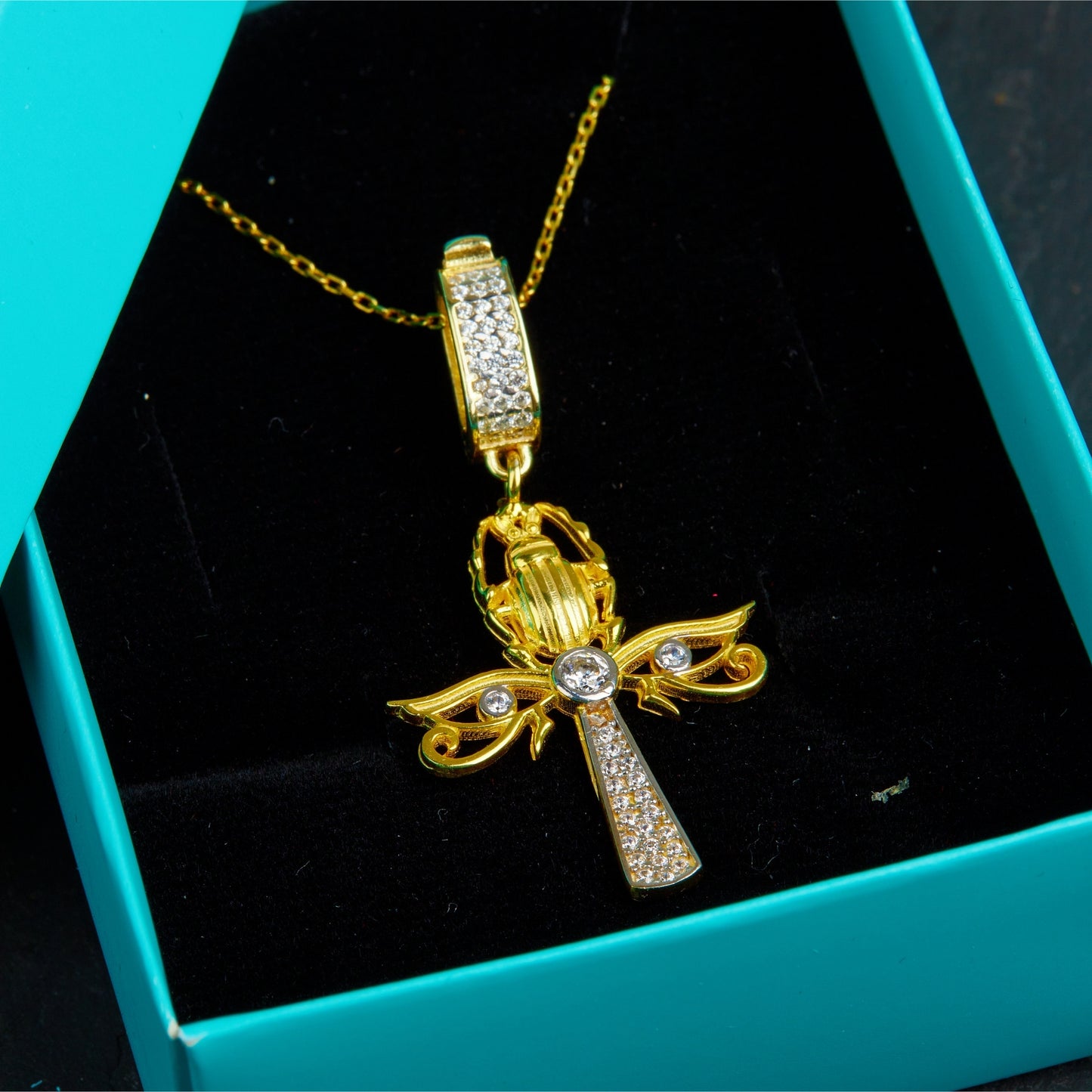 Scarab Ankh Kolye 14K Altın Kaplama 925 Gümüş Kolye