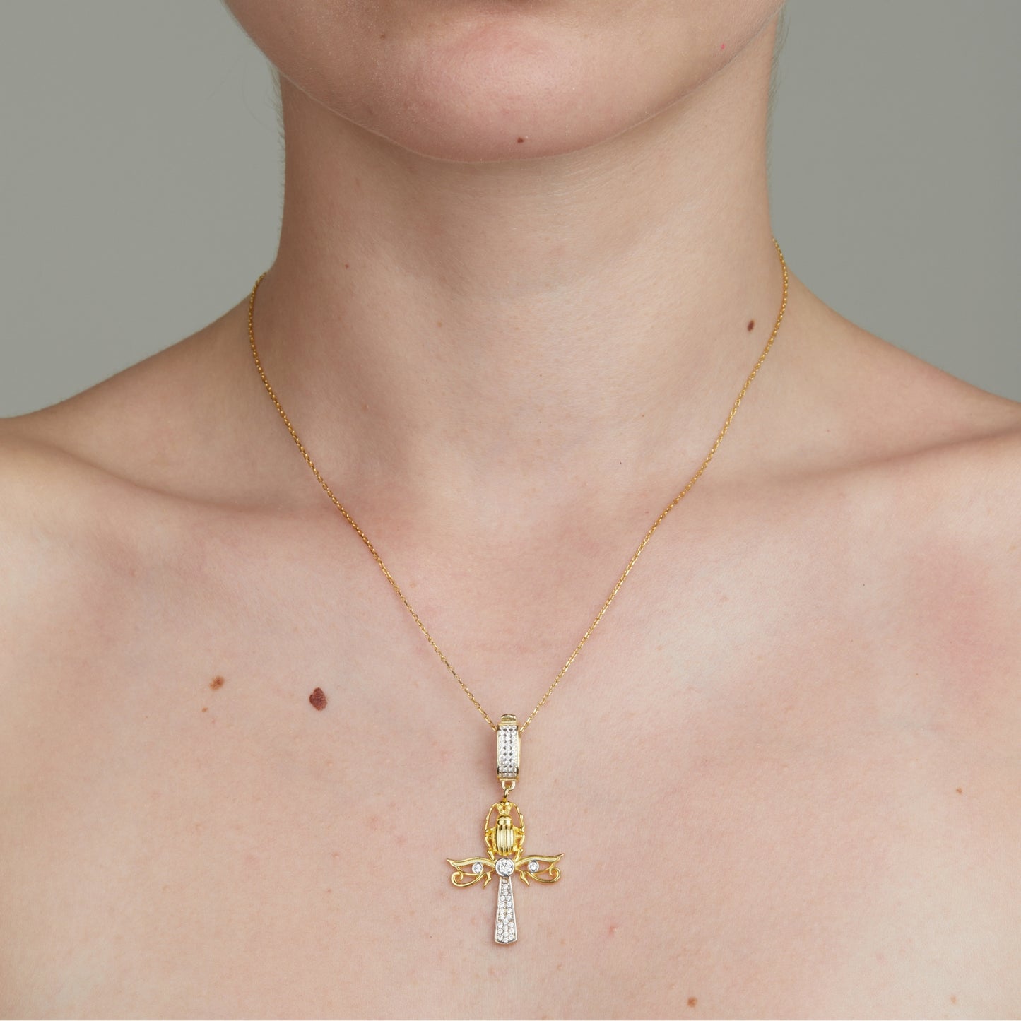 Scarab Ankh Kolye 14K Altın Kaplama 925 Gümüş Kolye
