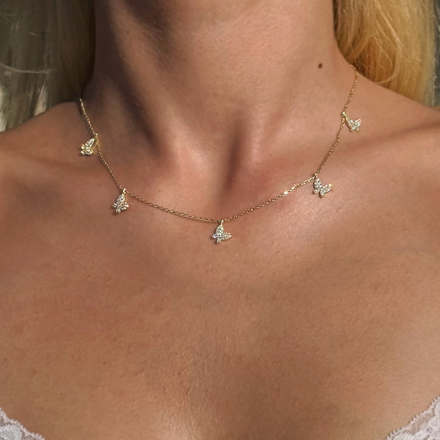 Taşlı Kelebek Kolye 14K Altın Kaplama 925 Gümüş Kolye